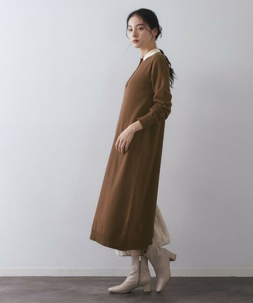 OPAQUE.CLIP / オペーク ドット クリップ ロング・マキシ丈ワンピース | 配色ポロ衿ニットワンピース【洗濯機OK】 | 詳細7