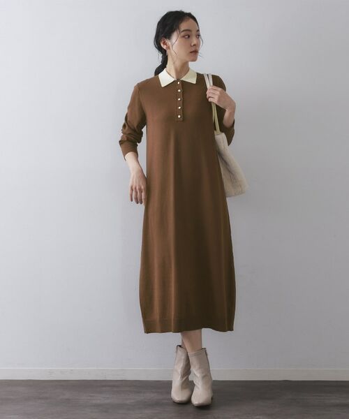 OPAQUE.CLIP / オペーク ドット クリップ ロング・マキシ丈ワンピース | 配色ポロ衿ニットワンピース【洗濯機OK】(ブラウン(544))