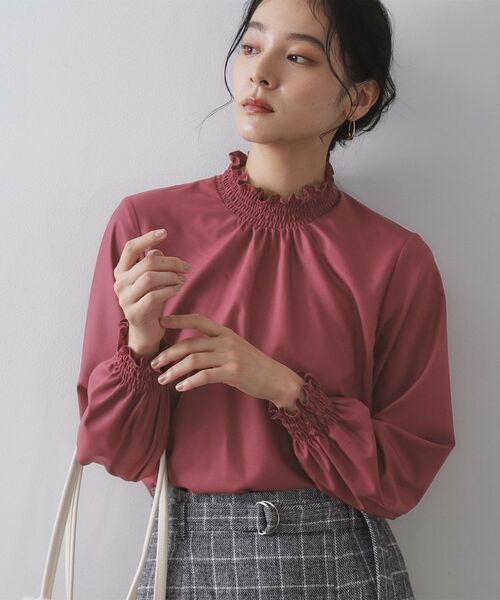 OPAQUE.CLIP / オペーク ドット クリップ シャツ・ブラウス | シャーリングハイネックブラウス【洗濯機OK】(ボルドー(064))