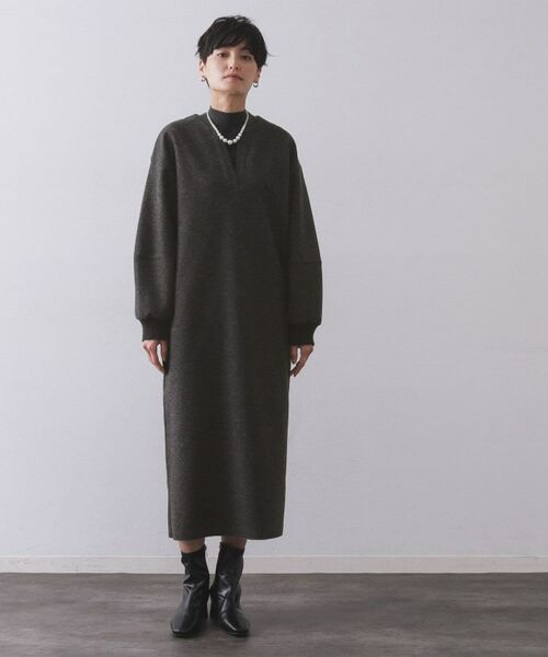 OPAQUE.CLIP / オペーク ドット クリップ ロング・マキシ丈ワンピース | ストレッチメルトンキーネックワンピ【洗濯機OK】(チャコールグレー(014))