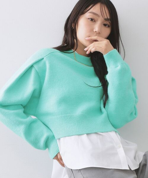 OPAQUE.CLIP / オペーク ドット クリップ ニット・セーター | ショルダータックショートニット【洗濯機OK】（ブルーグリーン(097)）