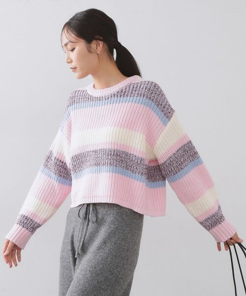 OPAQUE.CLIP / オペーク ドット クリップ ニット・セーター | カラーボーダーミドルゲージニット（ピンク(371)）