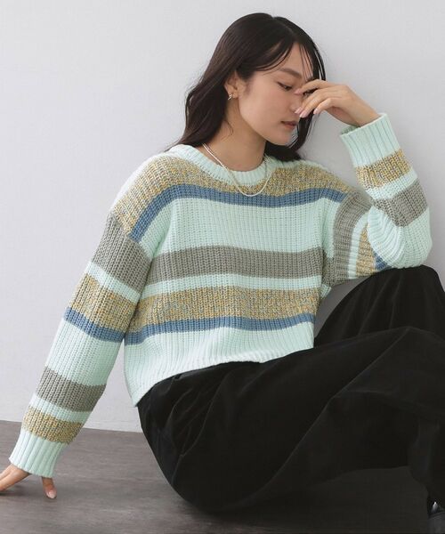 OPAQUE.CLIP / オペーク ドット クリップ ニット・セーター | カラーボーダーミドルゲージニット（ミントグリーン(321)）