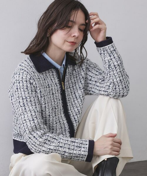 OPAQUE.CLIP / オペーク ドット クリップ カーディガン・ボレロ | ツイードライクZIPニットカーディガン(ネイビー(494))