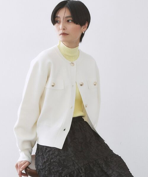 OPAQUE.CLIP / オペーク ドット クリップ カーディガン・ボレロ | フラップポケット金ボタンニットカーディガン【洗濯機OK】(ホワイト(001))