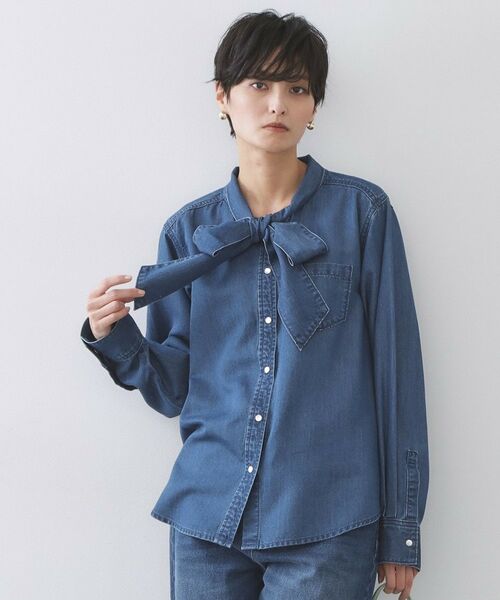 OPAQUE.CLIP / オペーク ドット クリップ シャツ・ブラウス | セルロース混デニムボウタイブラウス【洗濯機OK】(ブルー(093))