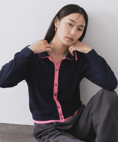 OPAQUE.CLIP / オペーク ドット クリップ ニット・セーター | ダブルカラーポロ衿配色ニット【洗濯機OK】（ネイビー(594)）