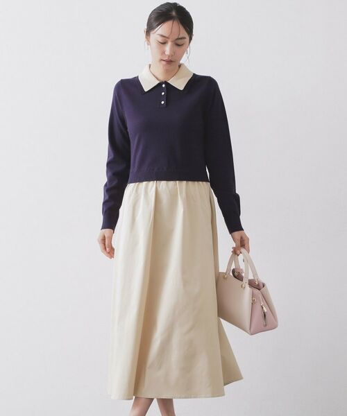 OPAQUE.CLIP / オペーク ドット クリップ ロング・マキシ丈ワンピース | ダブルポロ衿ニットドッキングワンピース【洗濯機OK】 | 詳細6