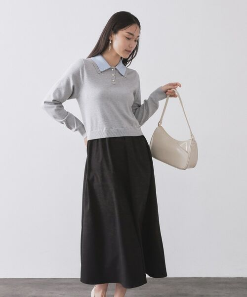 OPAQUE.CLIP / オペーク ドット クリップ ロング・マキシ丈ワンピース | ダブルポロ衿ニットドッキングワンピース【洗濯機OK】（グレー(512)）