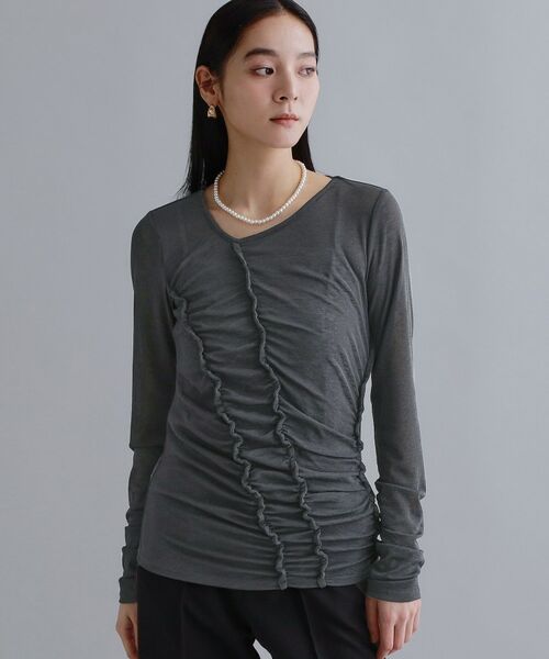 OPAQUE.CLIP / オペーク ドット クリップ カットソー | 【es】アシンメトリーシャーリング シアーカットソー【洗濯機OK】（チャコールグレー(014)）