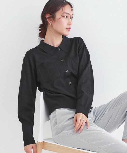 OPAQUE.CLIP / オペーク ドット クリップ カーディガン・ボレロ | ポロ衿デザインニットカーディガン【洗濯機OK】（ブラック(019)）