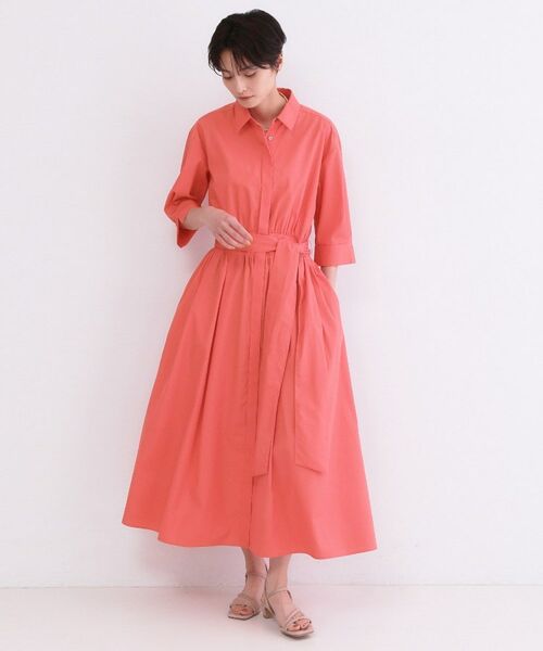 OPAQUE.CLIP / オペーク ドット クリップ ロング・マキシ丈ワンピース | サッシュリボンベルト付きフレアシャツワンピース【洗濯機OK/防シワ加工】(レッド(061))