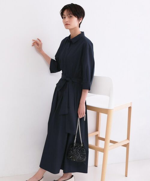 OPAQUE.CLIP / オペーク ドット クリップ ロング・マキシ丈ワンピース | サッシュリボンベルト付きフレアシャツワンピース【洗濯機OK/防シワ加工】(ネイビー(094))