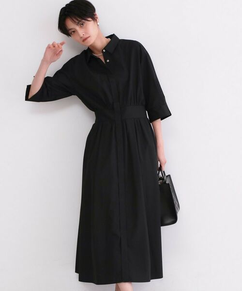 OPAQUE.CLIP / オペーク ドット クリップ ロング・マキシ丈ワンピース | サッシュリボンベルト付きフレアシャツワンピース【洗濯機OK/防シワ加工】(ブラック(819))