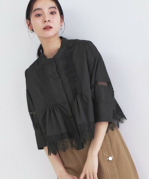 OPAQUE.CLIP / オペーク ドット クリップ シャツ・ブラウス | 裾レース使いピンタックショートシャツ【洗濯機OK】（ブラック(019)）