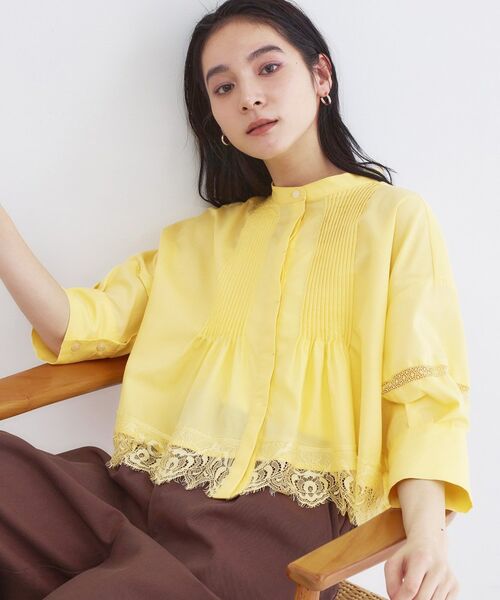 OPAQUE.CLIP / オペーク ドット クリップ シャツ・ブラウス | 裾レース使いピンタックショートシャツ【洗濯機OK】（イエロー(031)）