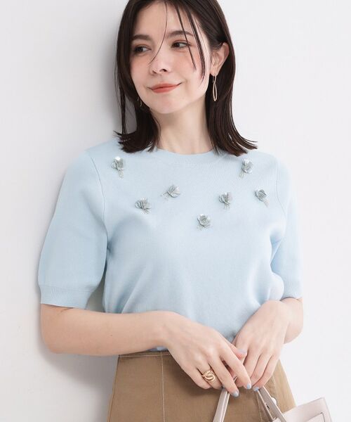 OPAQUE.CLIP / オペーク ドット クリップ ニット・セーター | ビジューモチーフニット【洗える】（サックスブルー(090)）