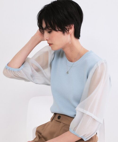 OPAQUE.CLIP / オペーク ドット クリップ ニット・セーター | オーガンジーパフスリーブドッキングニット【洗濯機OK】（ブルー(091)）