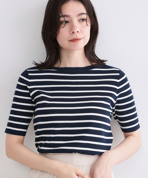 OPAQUE.CLIP / オペーク ドット クリップ ニット・セーター | ボートネックボーダーニット【洗濯機OK／抗ピル】（ネイビー(394)）