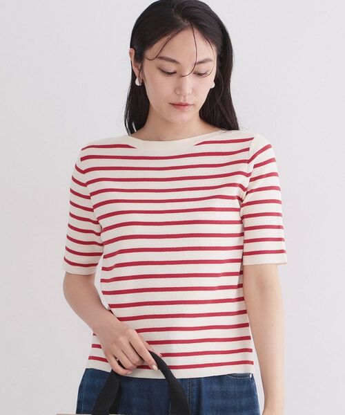 OPAQUE.CLIP / オペーク ドット クリップ ニット・セーター | ボートネックボーダーニット【洗濯機OK／抗ピル】（レッド(362)）