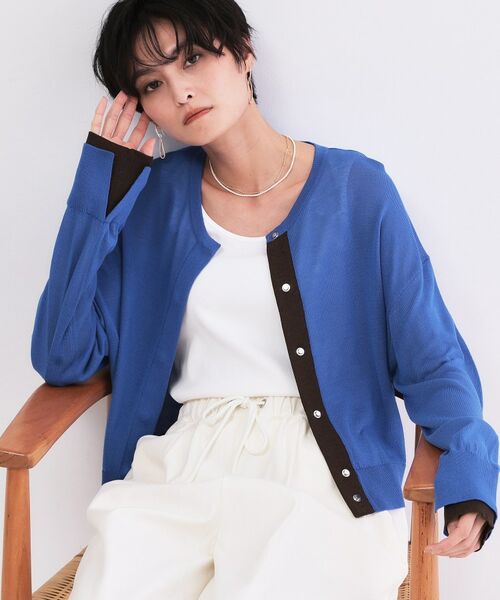 OPAQUE.CLIP / オペーク ドット クリップ カーディガン・ボレロ | 配色スナップニットカーディガン【洗濯機OK】（ブルー(092)）