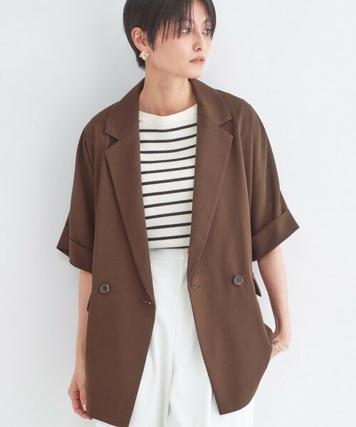 OPAQUE.CLIP / オペーク ドット クリップ テーラードジャケット | リネンライク5分袖テーラードジャケット【洗濯機OK／接触冷感／吸水速乾／防シワ】（ブラウン(044)）
