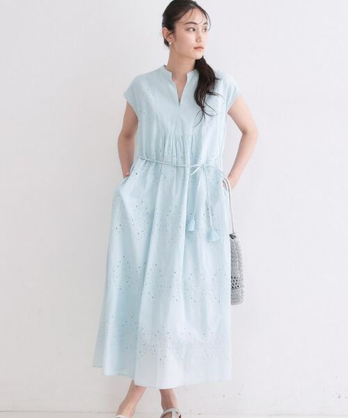 OPAQUE.CLIP / オペーク ドット クリップ ロング・マキシ丈ワンピース | インドコットンアイレット刺繍ワンピース【手洗い可】（サックスブルー(090)）