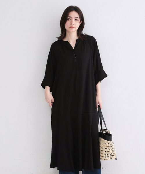 OPAQUE.CLIP / オペーク ドット クリップ ロング・マキシ丈ワンピース | レーヨン／麻キーネックロングワンピース【洗える】（ブラック(019)）