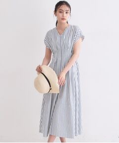 OPAQUE.CLIP / オペーク ドット クリップ ロング・マキシ丈ワンピース | ストライプ Vネックウエストタックワンピース【イージーアイロン/洗濯機OK】
