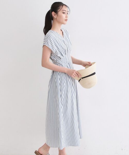 OPAQUE.CLIP / オペーク ドット クリップ ロング・マキシ丈ワンピース | ストライプ Vネックウエストタックワンピース【イージーアイロン/洗濯機OK】 | 詳細1