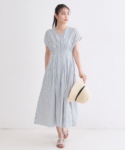OPAQUE.CLIP / オペーク ドット クリップ ロング・マキシ丈ワンピース | ストライプ Vネックウエストタックワンピース【イージーアイロン/洗濯機OK】 | 詳細2