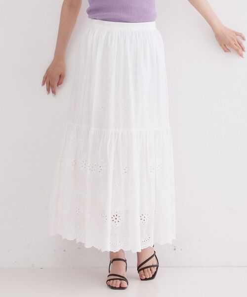 OPAQUE.CLIP / オペーク ドット クリップ ロング・マキシ丈スカート | カットワークレースギャザーマキシスカート【洗濯機OK】（ホワイト(001)）