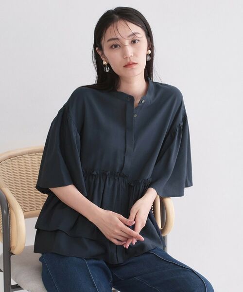 OPAQUE.CLIP / オペーク ドット クリップ シャツ・ブラウス | アシンメトリーペプラムブラウス【洗濯機OK】（ネイビー(094)）