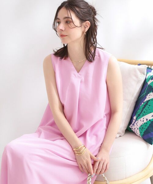 OPAQUE.CLIP / オペーク ドット クリップ ロング・マキシ丈ワンピース | 麻混シアーVネックフレアワンピース【洗濯機OK】(ラベンダー(080))