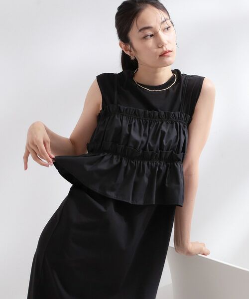 OPAQUE.CLIP / オペーク ドット クリップ ロング・マキシ丈ワンピース | 《ツインセット》カットソーワンピース×シャーリングビスチェ【洗濯機OK】（ブラック(019)）