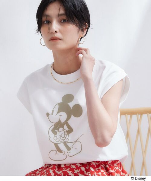 OPAQUE.CLIP / オペーク ドット クリップ カットソー | 「Mickey Mouse」フロッキープリント フレンチスリーブTシャツ《洗濯機OK》（ホワイト(001)）