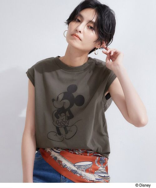 OPAQUE.CLIP / オペーク ドット クリップ カットソー | 「Mickey Mouse」フロッキープリント フレンチスリーブTシャツ《洗濯機OK》（チャコールグレー(014)）