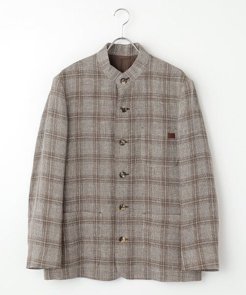 PAPAS/パパス リネン/ウールからみチェックツイード スタンドカラーブルゾン ブラウン系 M