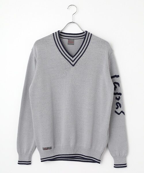 PAPAS / パパス ニット・セーター | シルク混綿麻天竺7G Papasロゴ編み込みセーター（グレー）