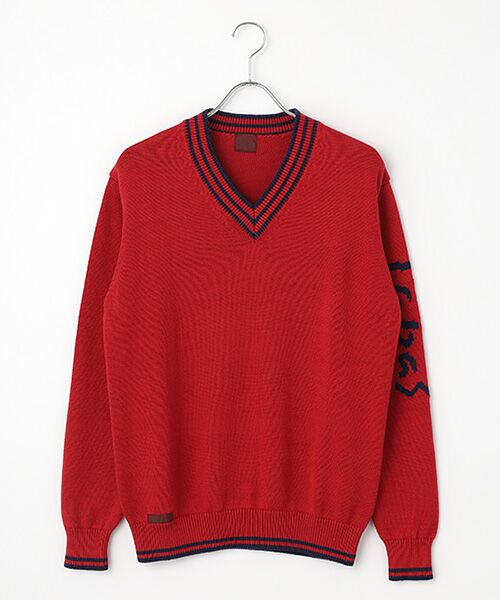 PAPAS/パパス シルク混綿麻天竺7G Papasロゴ編み込みセーター アカ S PAPAS/パパス シルク混綿麻天竺7G Papasロゴ編み込みセーター アカ S