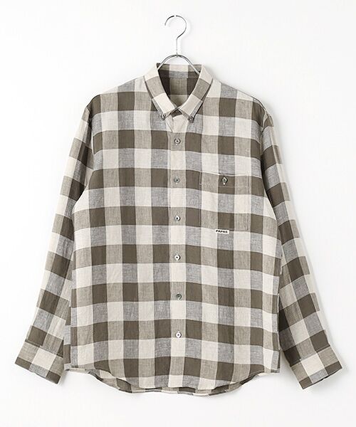 PAPAS/パパス リネンシャンブレー ブロックチェックシャツ キナリ×ブラウン LL PAPAS/パパス リネンシャンブレー ブロックチェックシャツ キナリ×ブラウン LL