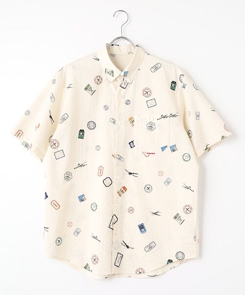PAPAS/パパス コットンサッカープリントシャツ【AIR PLANE&TAG】 オフ M PAPAS/パパス コットンサッカープリントシャツ【AIR PLANE&TAG】 オフ M