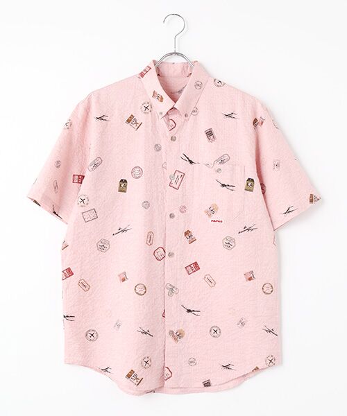 PAPAS/パパス コットンサッカープリントシャツ【AIR PLANE&TAG】 ピンク M PAPAS/パパス コットンサッカープリントシャツ【AIR PLANE&TAG】 ピンク M