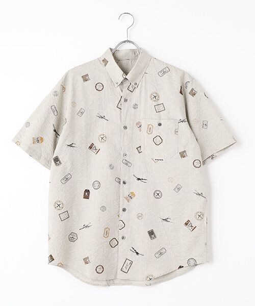 PAPAS/パパス コットンサッカープリントシャツ【AIR PLANE&TAG】 ライトカーキ L PAPAS/パパス コットンサッカープリントシャツ【AIR PLANE&TAG】 ライトカーキ L