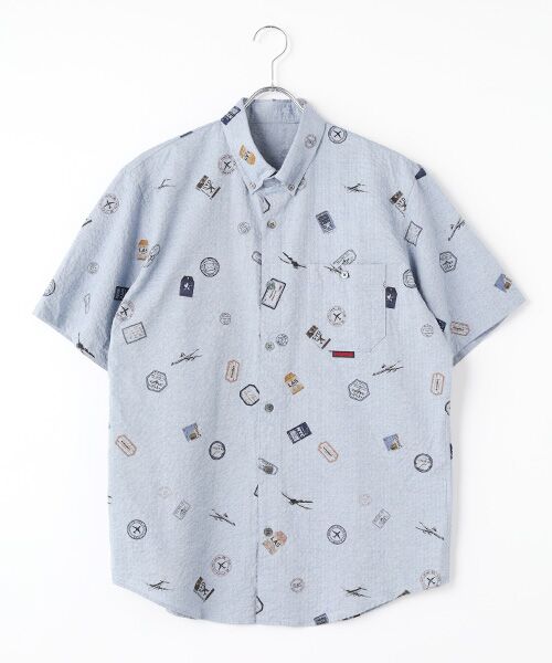 PAPAS/パパス コットンサッカープリントシャツ【AIR PLANE&TAG】 ネイビー M PAPAS/パパス コットンサッカープリントシャツ【AIR PLANE&TAG】 ネイビー M