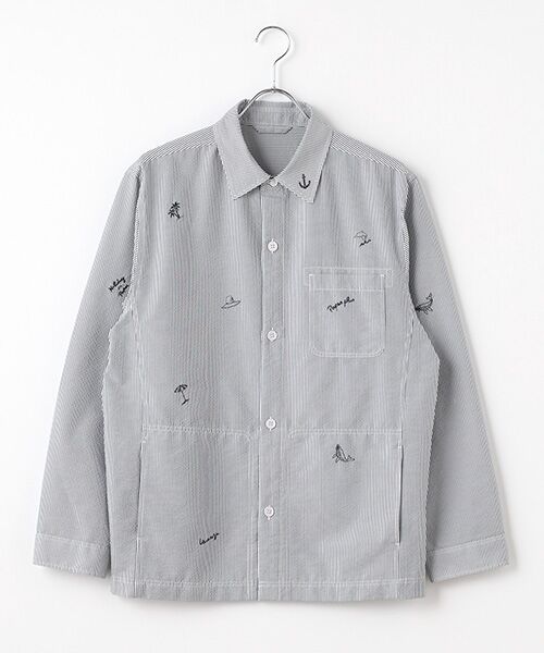 PAPAS/パパス シアサッカーシャツブルゾン【飛び柄刺繍】 シロ×ネイビー ストライプ L PAPAS/パパス シアサッカーシャツブルゾン【飛び柄刺繍】 シロ×ネイビー ストライプ L