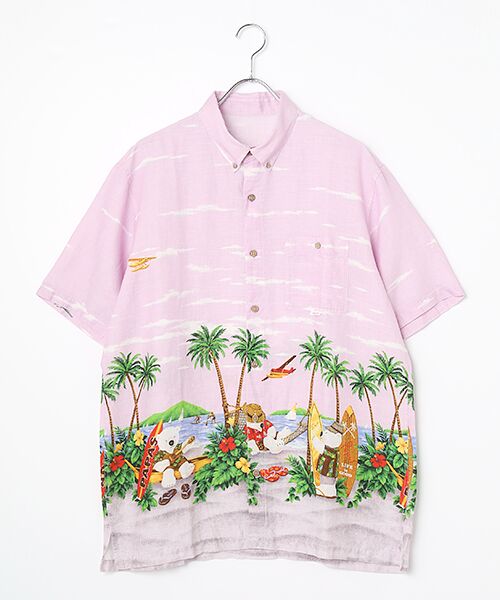 【美品】PAPAS パパス 半袖シャツ リネン　Mサイズ セール】 リネンプリントシャツ【シロクマボーダー】 （シャツ
