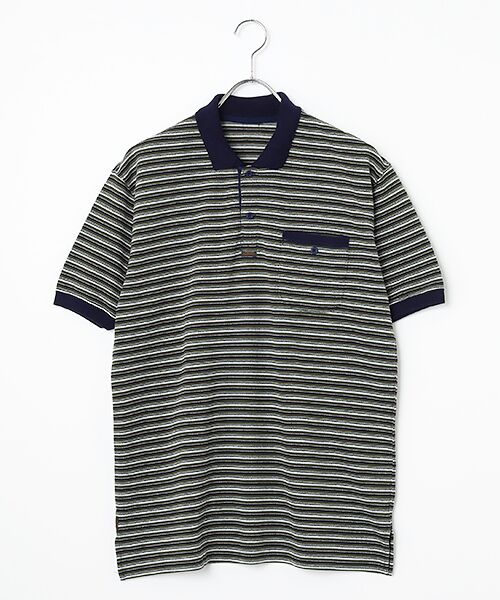 PAPAS / パパス ポロシャツ | モンサンミッシェル爽鹿の子 マルチボーダーポロシャツ（カーキグリーン系）