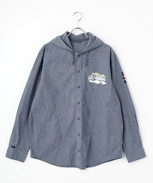 PAPAS/パパス コットンダンガリーストレッチ フード付きシャツ ネイビー L PAPAS/パパス コットンダンガリーストレッチ フード付きシャツ ネイビー L