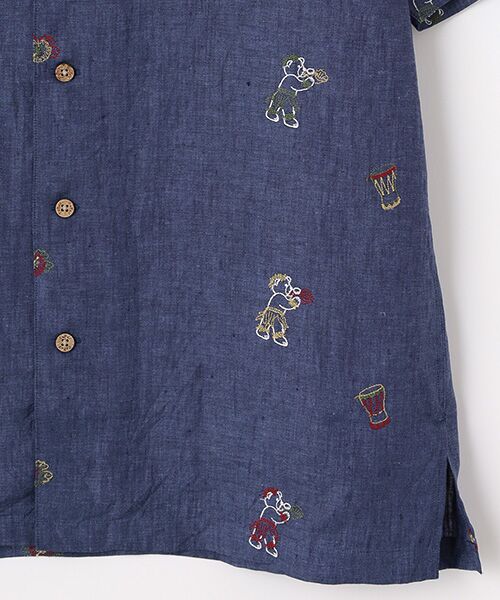 PAPAS パパス 麻100％ オープンカラー リネンシャツ/クマ刺繍/LL フレンチリネン HAWAIIAN BEAR 刺繍シャツ （シャツ・ブラウス